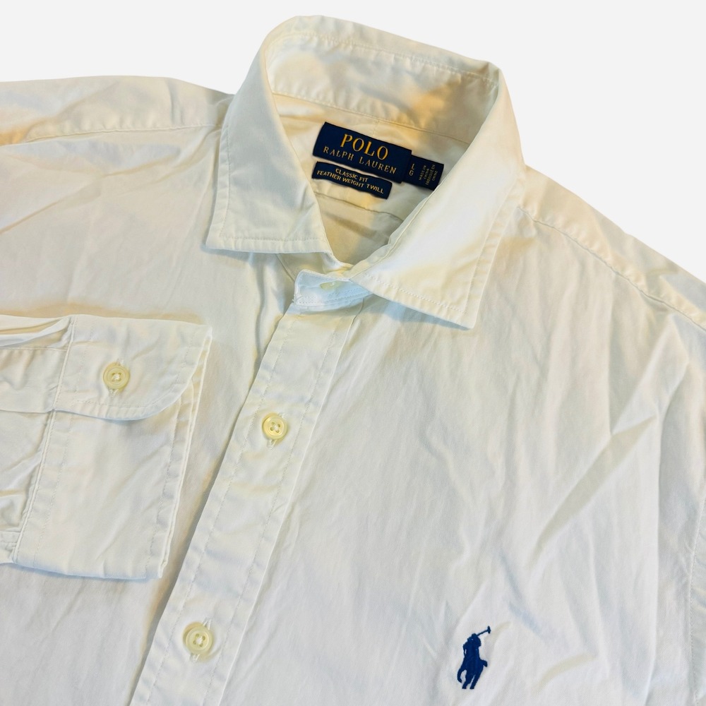Polo Ralph Lauren Mens L White Featherweight Twill Classic Fit Shirt Long Sleeve
